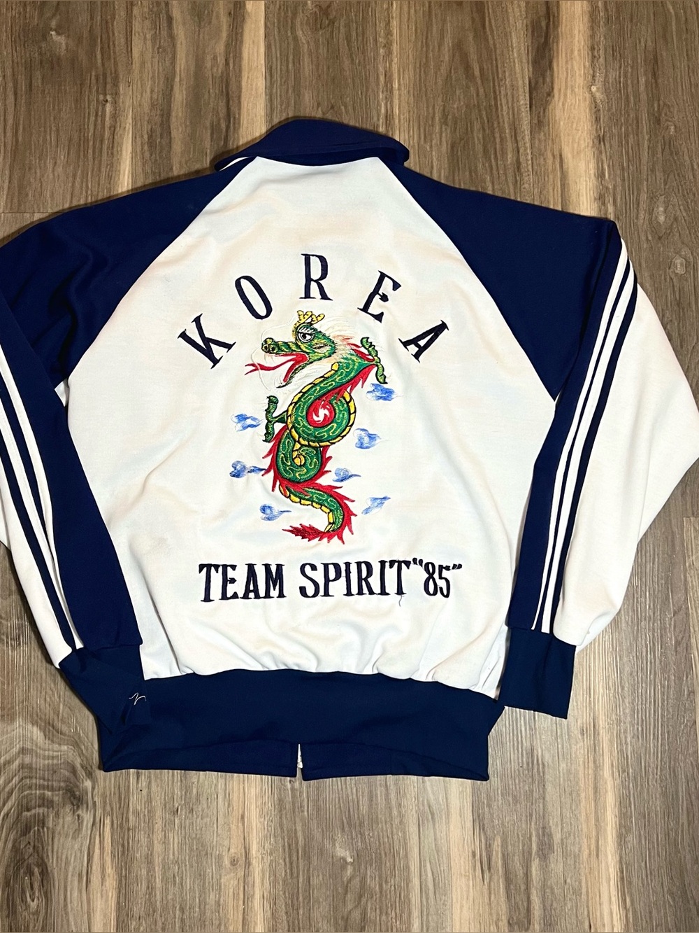 Vintage 80s 1985 Team Spirit Korean Souvenir Jacket Men’s Size L / XL Navy White